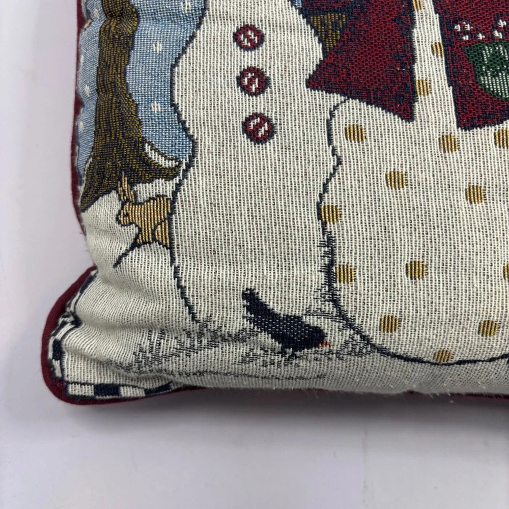 Vintage Woven Tapestry Snowman Winter Cottage Decorative Accent Pillow Burgundy